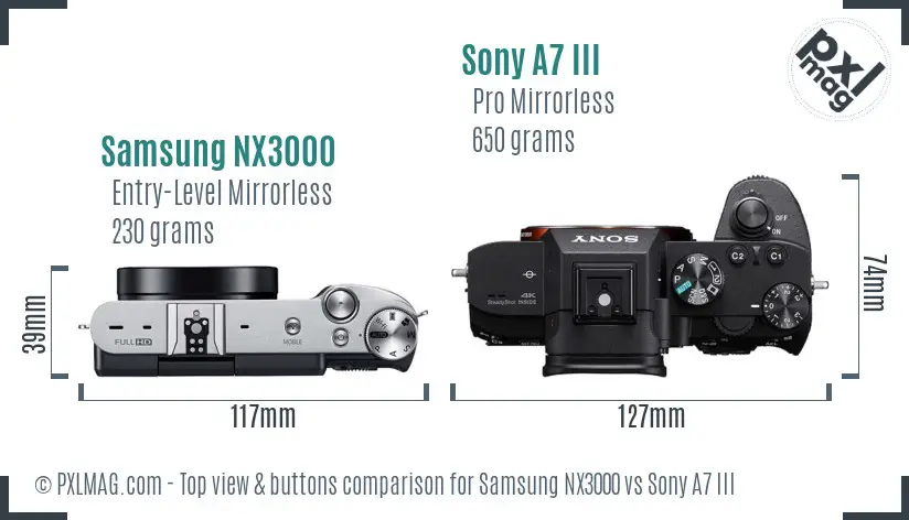 Samsung NX3000 vs Sony A7 III top view buttons comparison