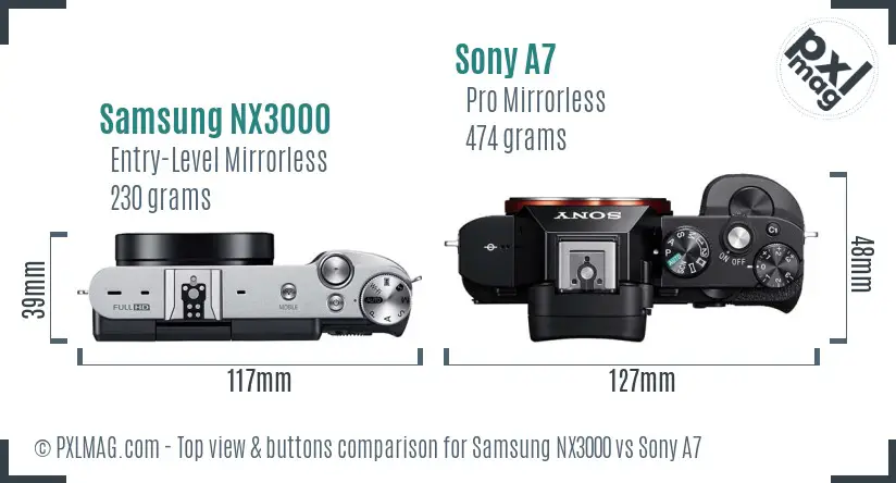 Samsung NX3000 vs Sony A7 top view buttons comparison