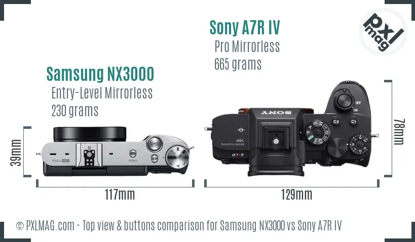 Samsung NX3000 vs Sony A7R IV top view buttons comparison
