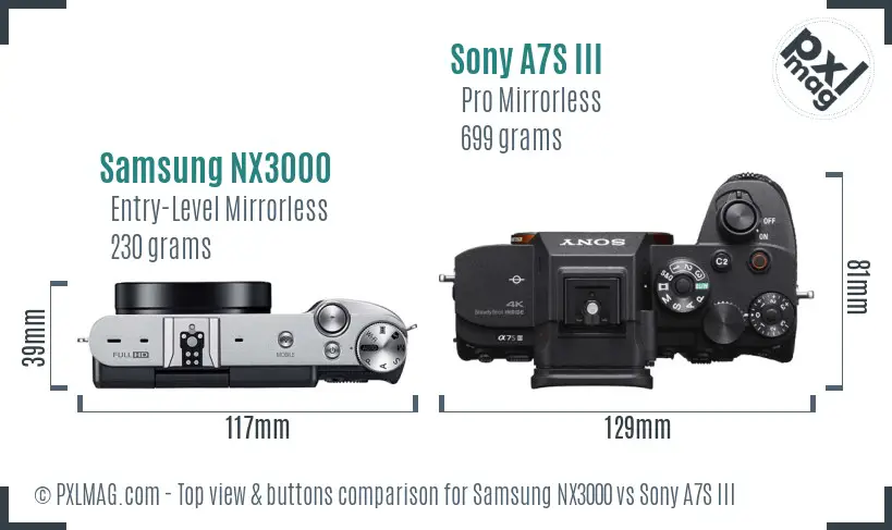 Samsung NX3000 vs Sony A7S III top view buttons comparison