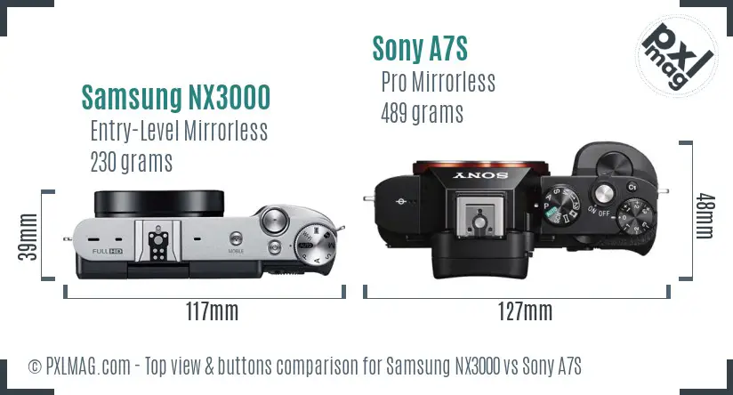 Samsung NX3000 vs Sony A7S top view buttons comparison