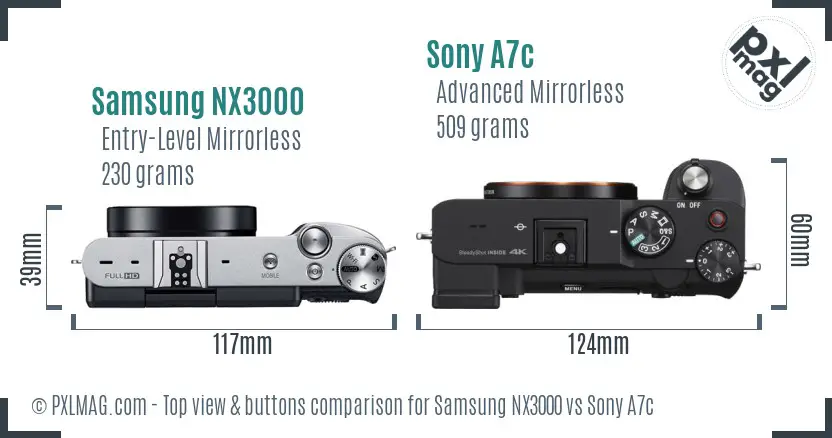 Samsung NX3000 vs Sony A7c top view buttons comparison