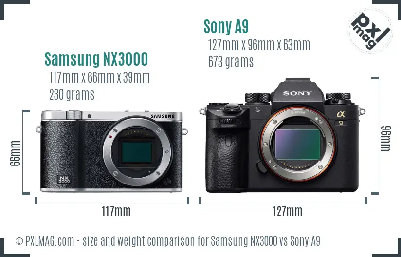 Samsung NX3000 vs Sony A9 size comparison