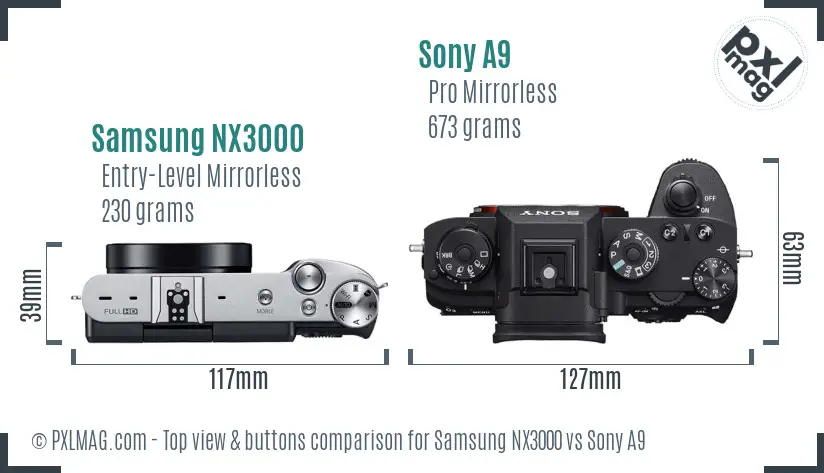 Samsung NX3000 vs Sony A9 top view buttons comparison