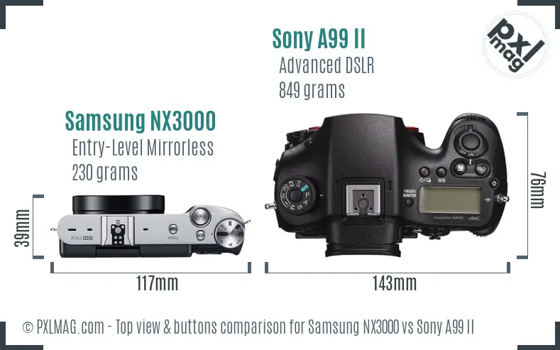 Samsung NX3000 vs Sony A99 II top view buttons comparison