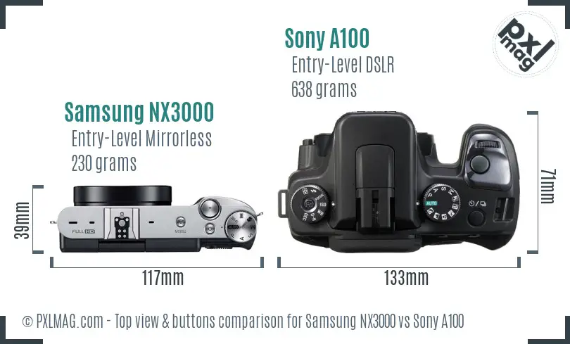 Samsung NX3000 vs Sony A100 top view buttons comparison