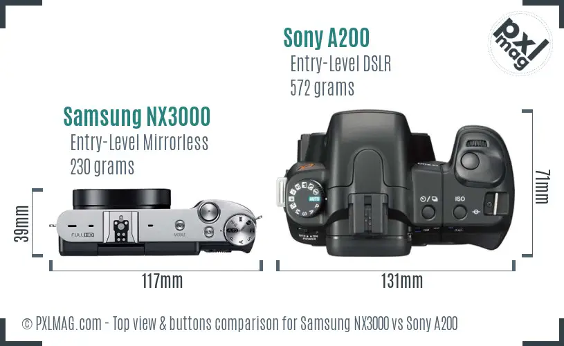 Samsung NX3000 vs Sony A200 top view buttons comparison