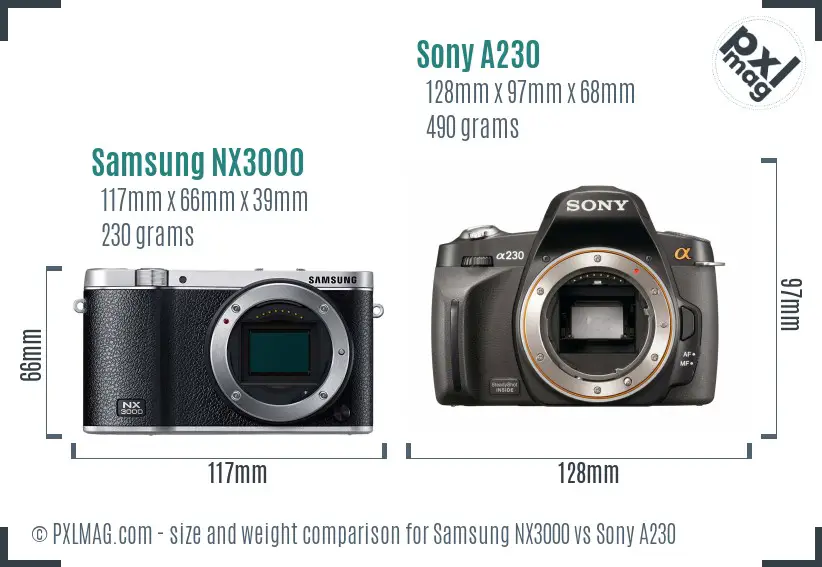Samsung NX3000 vs Sony A230 size comparison