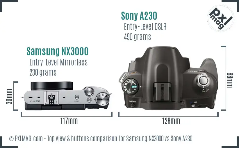 Samsung NX3000 vs Sony A230 top view buttons comparison
