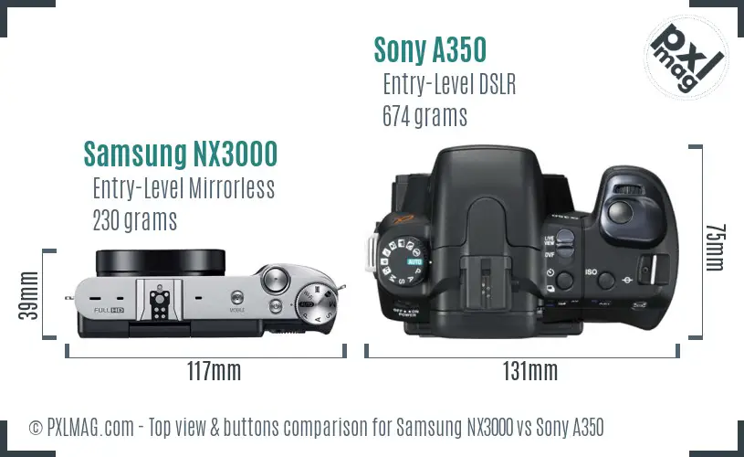 Samsung NX3000 vs Sony A350 top view buttons comparison