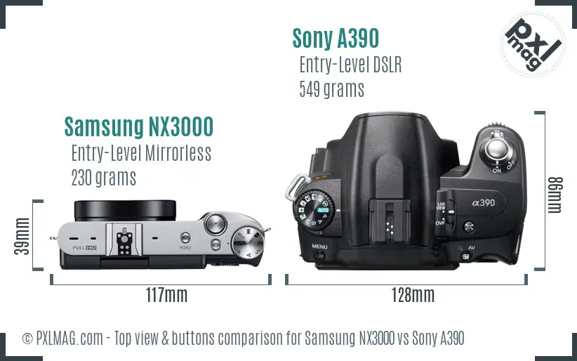 Samsung NX3000 vs Sony A390 top view buttons comparison