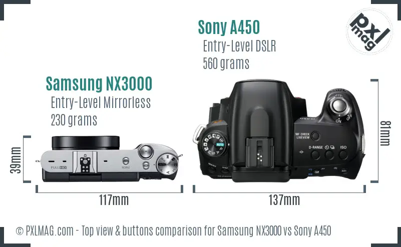 Samsung NX3000 vs Sony A450 top view buttons comparison