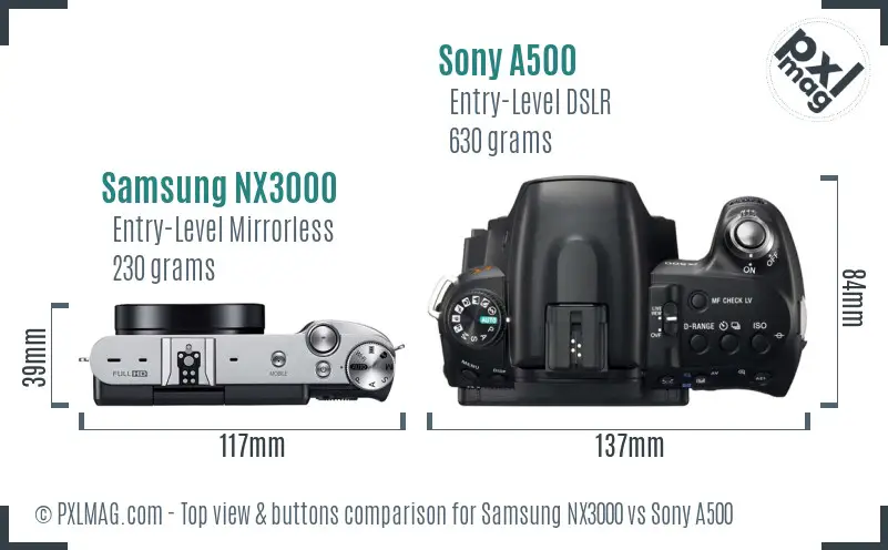 Samsung NX3000 vs Sony A500 top view buttons comparison