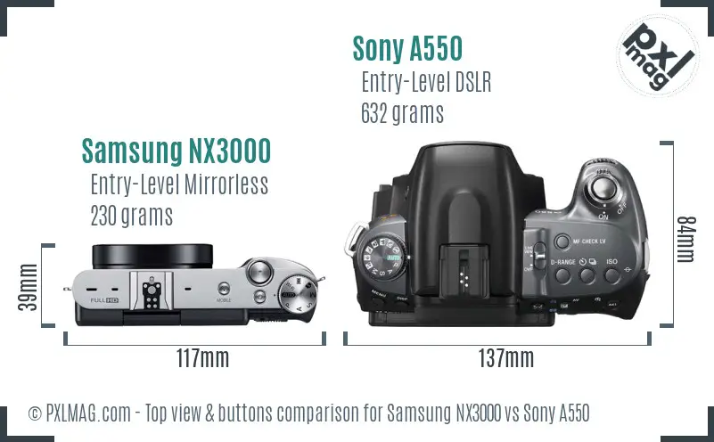 Samsung NX3000 vs Sony A550 top view buttons comparison