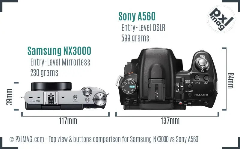 Samsung NX3000 vs Sony A560 top view buttons comparison