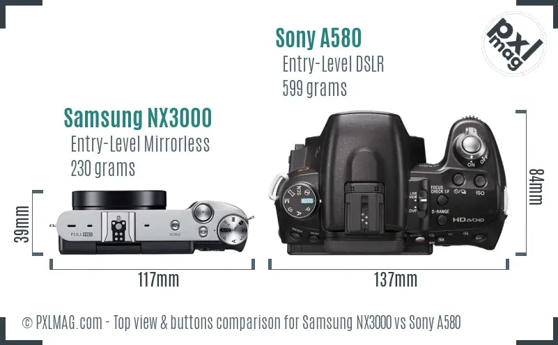 Samsung NX3000 vs Sony A580 top view buttons comparison