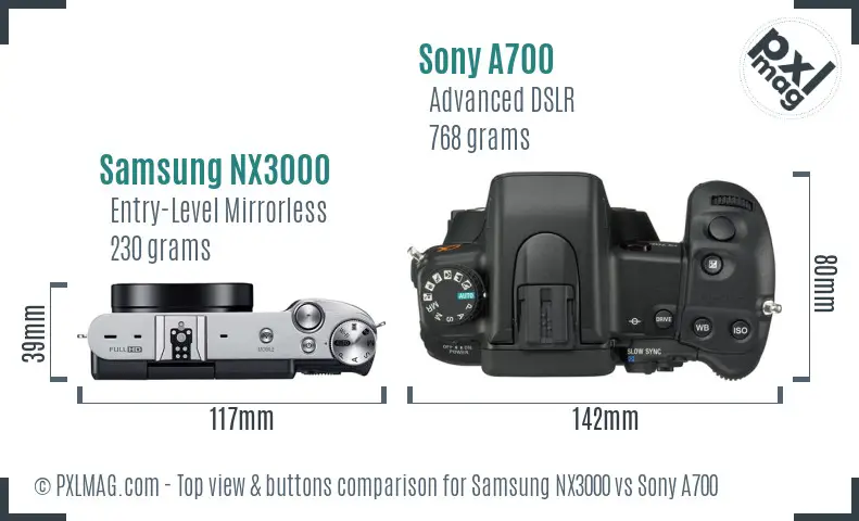 Samsung NX3000 vs Sony A700 top view buttons comparison