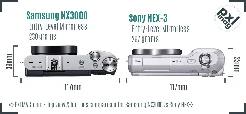 Samsung NX3000 vs Sony NEX-3 top view buttons comparison
