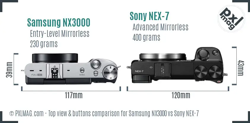 Samsung NX3000 vs Sony NEX-7 top view buttons comparison