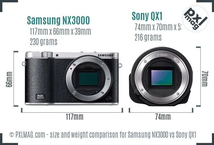 Samsung NX3000 vs Sony QX1 size comparison