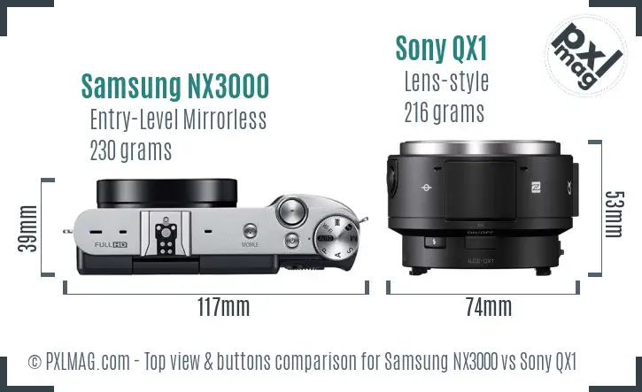 Samsung NX3000 vs Sony QX1 top view buttons comparison