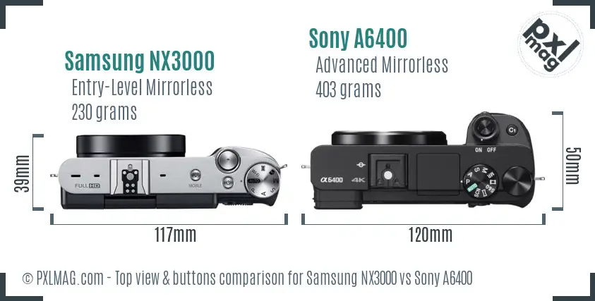 Samsung NX3000 vs Sony A6400 top view buttons comparison
