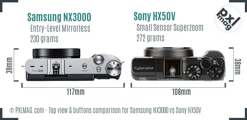 Samsung NX3000 vs Sony HX50V top view buttons comparison