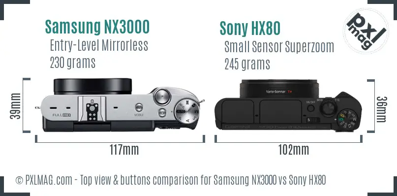 Samsung NX3000 vs Sony HX80 top view buttons comparison