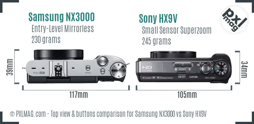 Samsung NX3000 vs Sony HX9V top view buttons comparison
