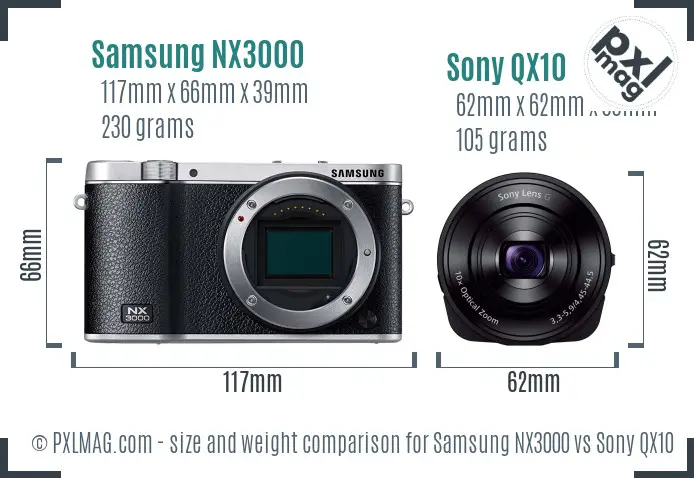 Samsung NX3000 vs Sony QX10 size comparison