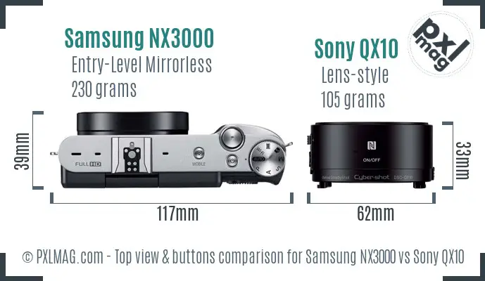 Samsung NX3000 vs Sony QX10 top view buttons comparison