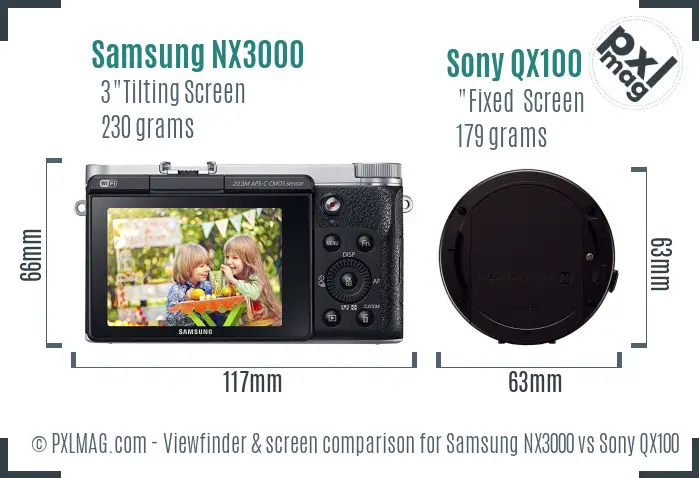 Samsung NX3000 vs Sony QX100 Screen and Viewfinder comparison