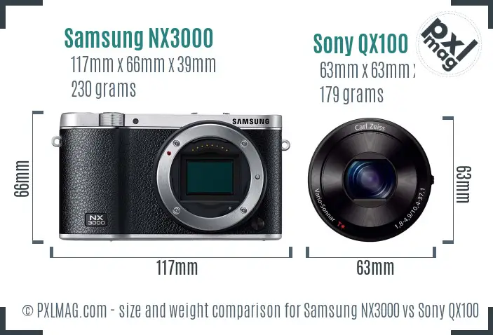 Samsung NX3000 vs Sony QX100 size comparison