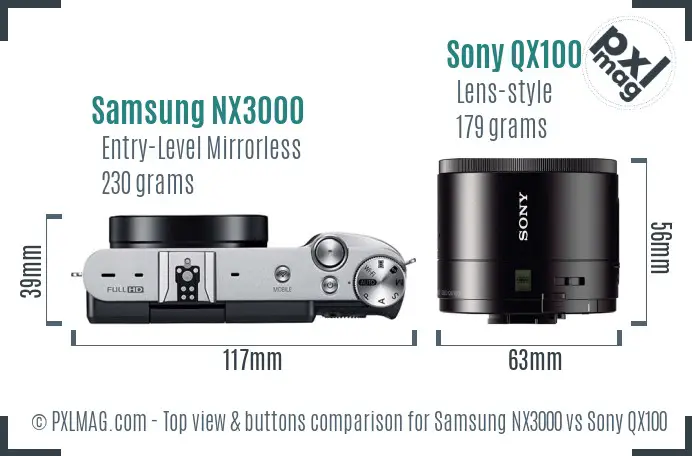 Samsung NX3000 vs Sony QX100 top view buttons comparison