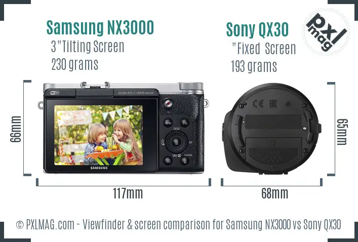 Samsung NX3000 vs Sony QX30 Screen and Viewfinder comparison