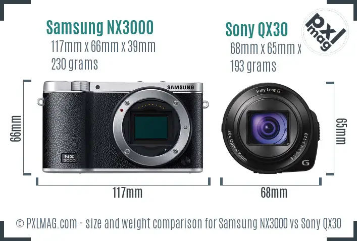 Samsung NX3000 vs Sony QX30 size comparison