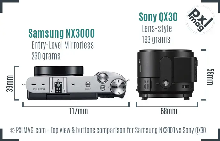 Samsung NX3000 vs Sony QX30 top view buttons comparison