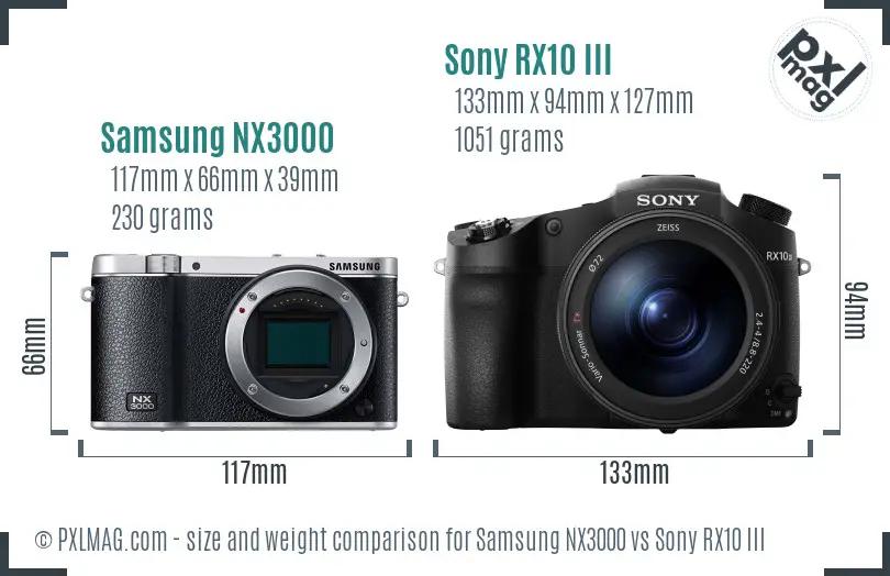 Samsung NX3000 vs Sony RX10 III size comparison