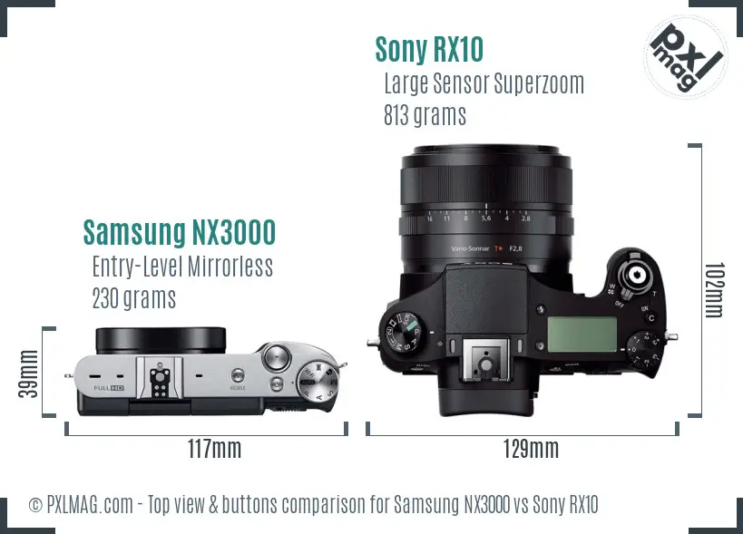 Samsung NX3000 vs Sony RX10 top view buttons comparison