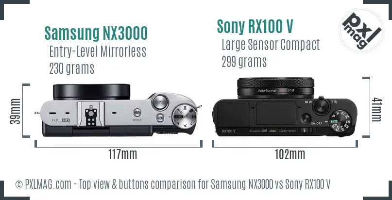 Samsung NX3000 vs Sony RX100 V top view buttons comparison