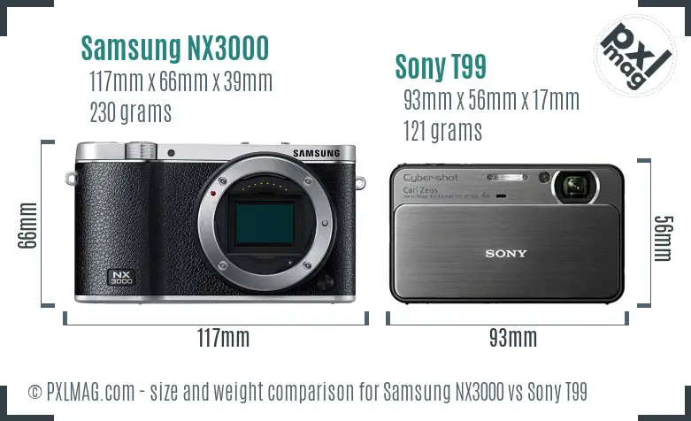 Samsung NX3000 vs Sony T99 size comparison
