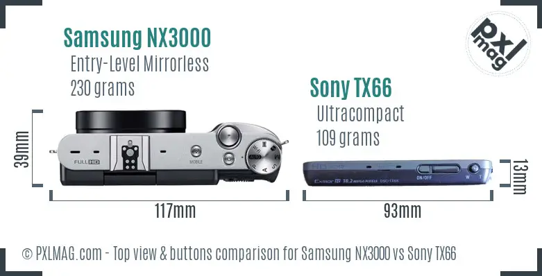 Samsung NX3000 vs Sony TX66 top view buttons comparison