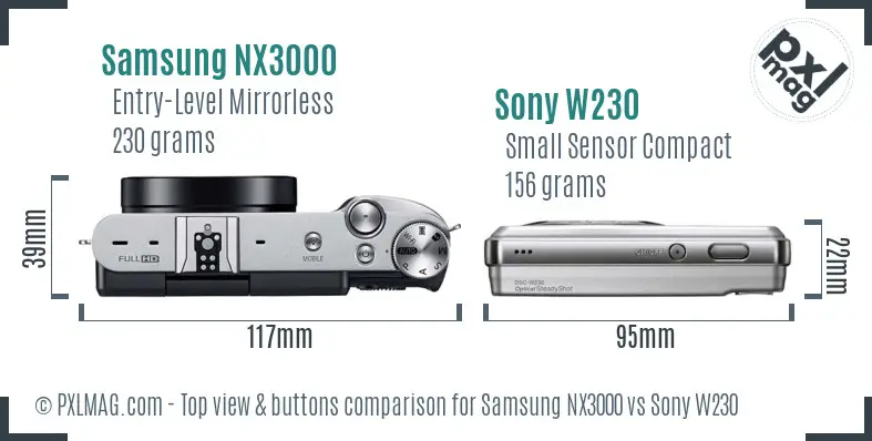 Samsung NX3000 vs Sony W230 top view buttons comparison