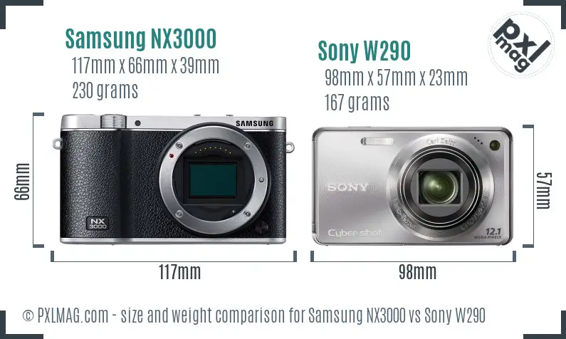 Samsung NX3000 vs Sony W290 size comparison