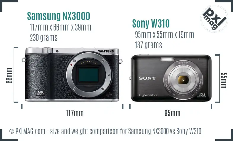 Samsung NX3000 vs Sony W310 size comparison