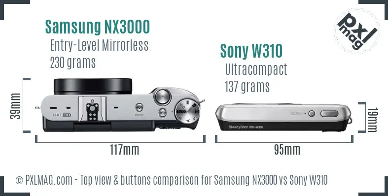 Samsung NX3000 vs Sony W310 top view buttons comparison