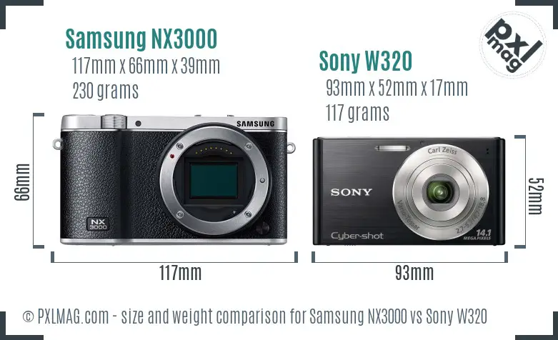 Samsung NX3000 vs Sony W320 size comparison