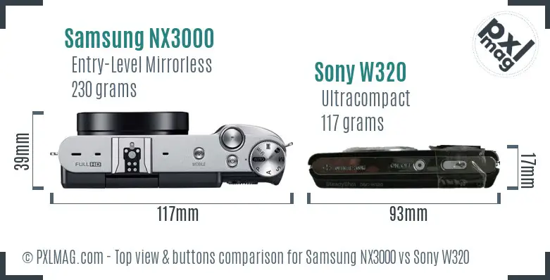 Samsung NX3000 vs Sony W320 top view buttons comparison