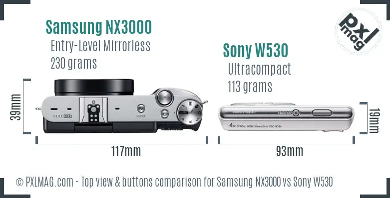 Samsung NX3000 vs Sony W530 top view buttons comparison