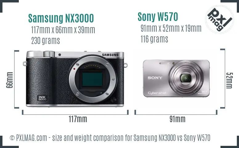 Samsung NX3000 vs Sony W570 size comparison